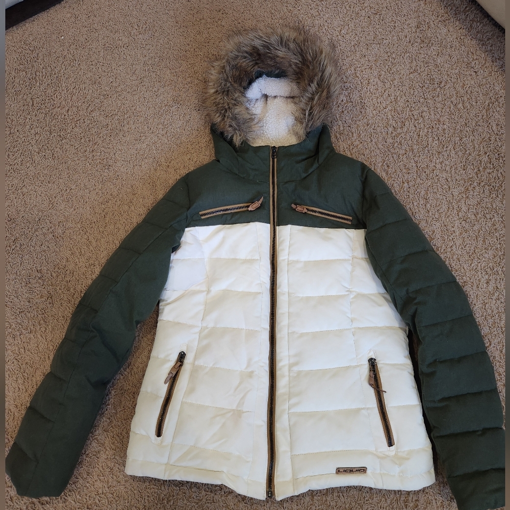 Women's Liquid Green and White Snowboarding Jacket with Faux Fur Hood